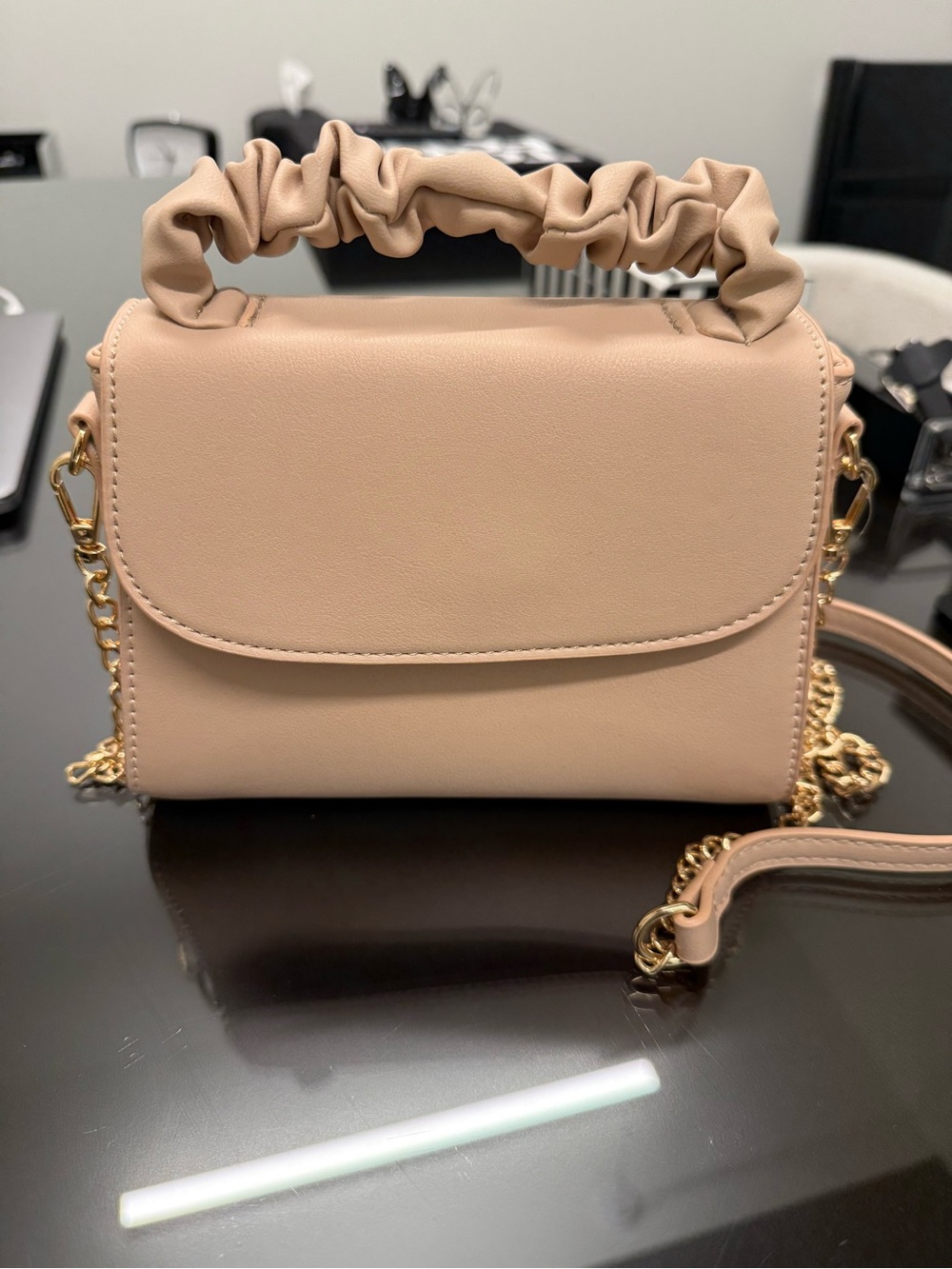 Ruched Handle Crossbody Bag in Nude